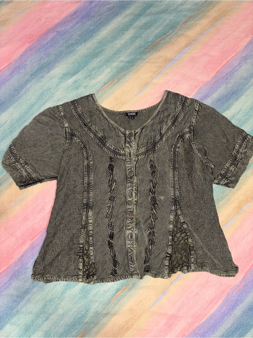 Magic Vintage 90’s Boho Grunge Lace Tie back Top Blouse green  Size L Y2K